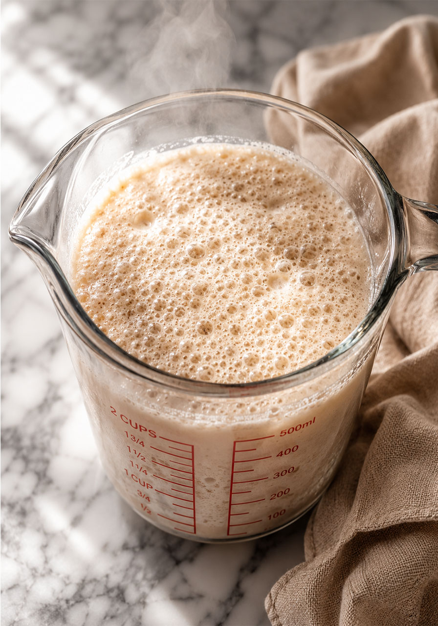 Foamy activated yeast blooming in warm dairy-free milk for homemade vegan cinnamon rolls