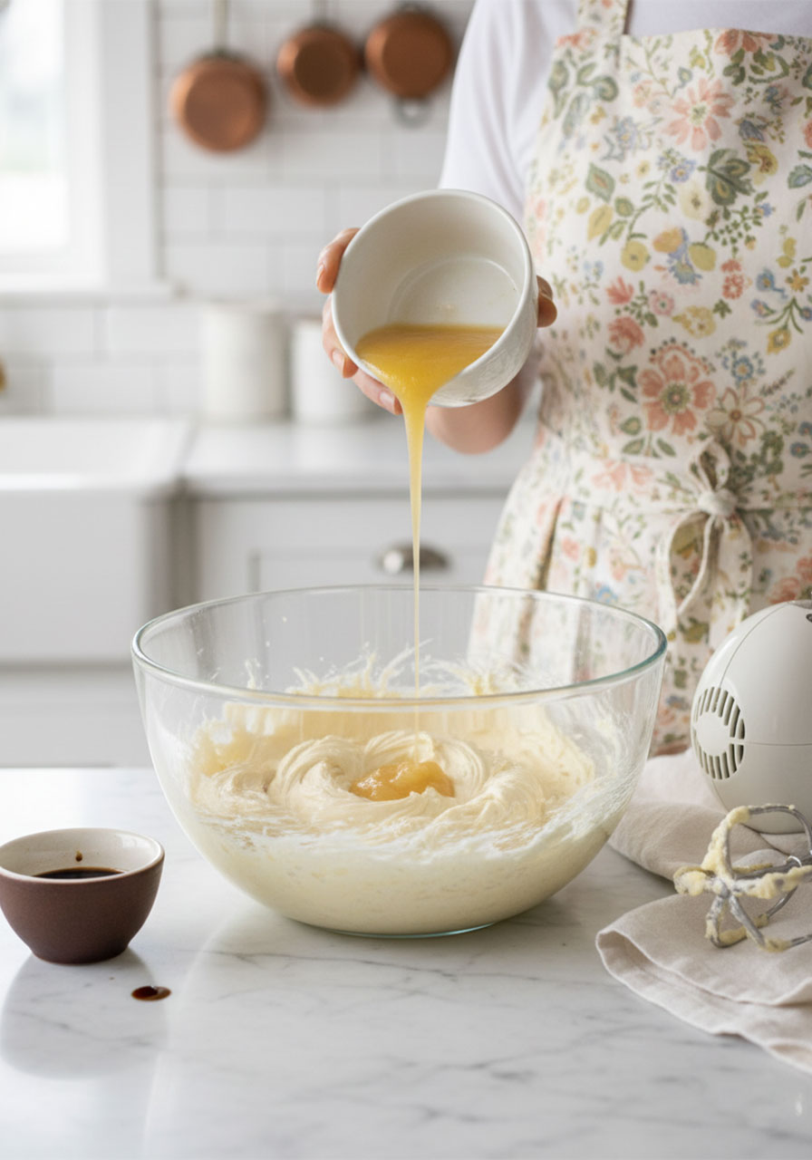 Pouring unsweetened apple sauce into creamed vegan butter and sugar mixture to replace eggs in vegan funfetti sugar cookie dough