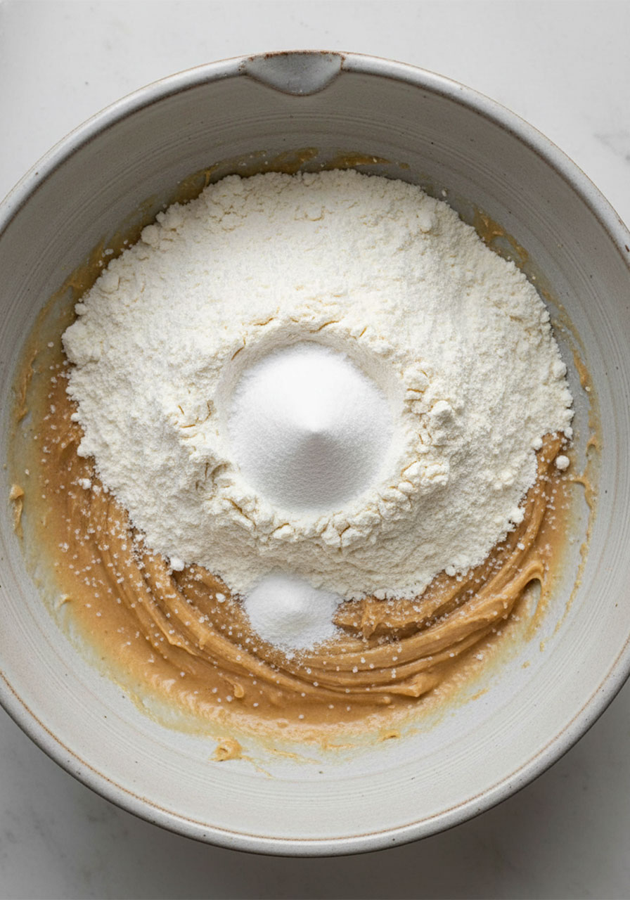 Dry ingredients including flour, cornstarch, and baking soda added on top of wet ingredients in mixing bowl for easy vegan chocolate chip cookies