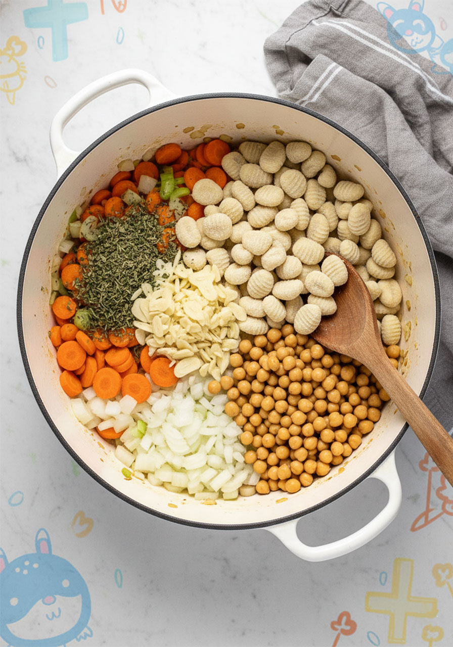 Adding gnocchi, chickpeas, and garlic to vegetables in Dutch oven for creamy vegan soup