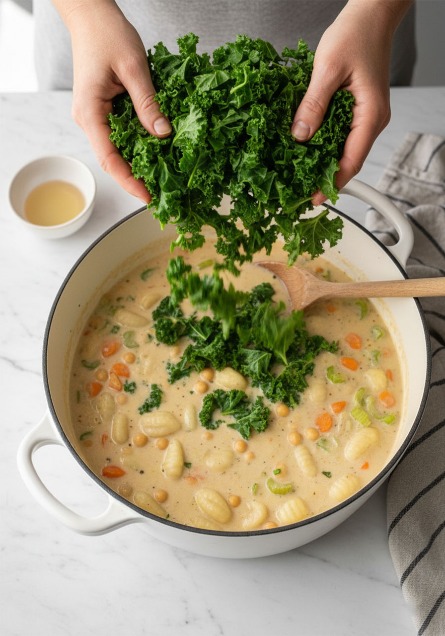 Adding fresh chopped kale into a pot of creamy vegan chickpea gnocchi soup