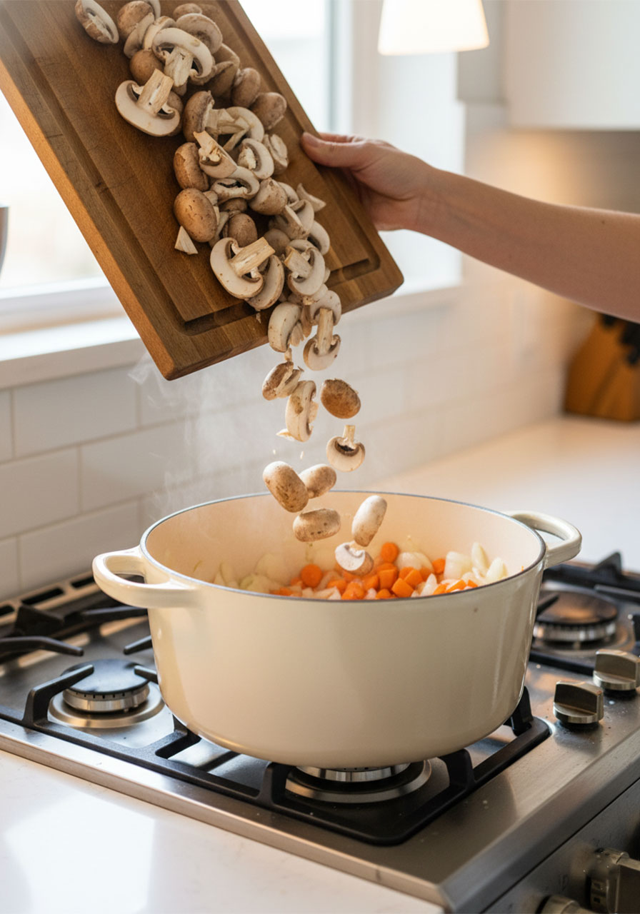 Adding fresh sliced cremini mushrooms to one-pot vegan lentil stew