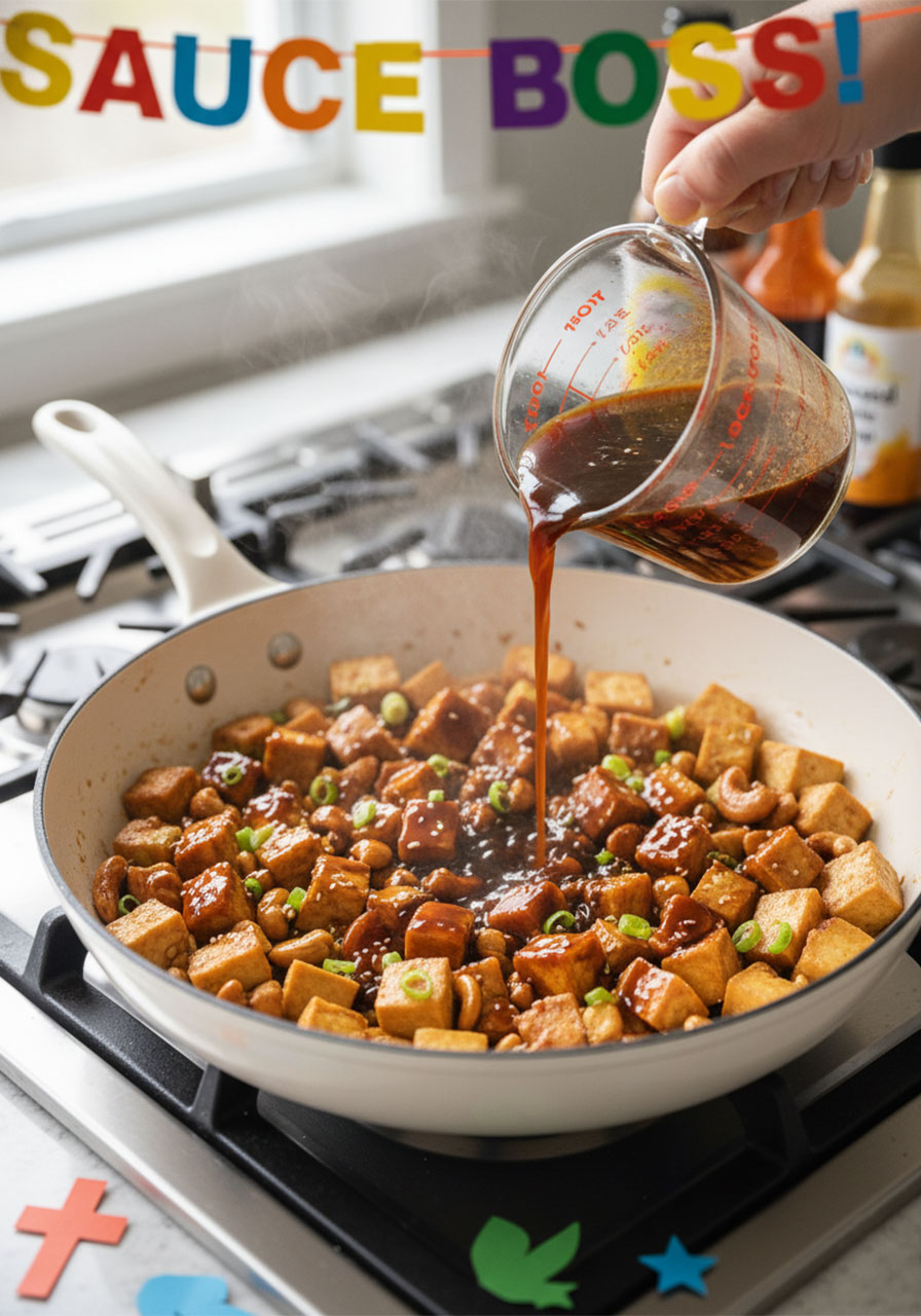 Pouring dark hoisin-tamari sauce over crispy tofu and cashews in a skillet while making cashew tofu lettuce wraps