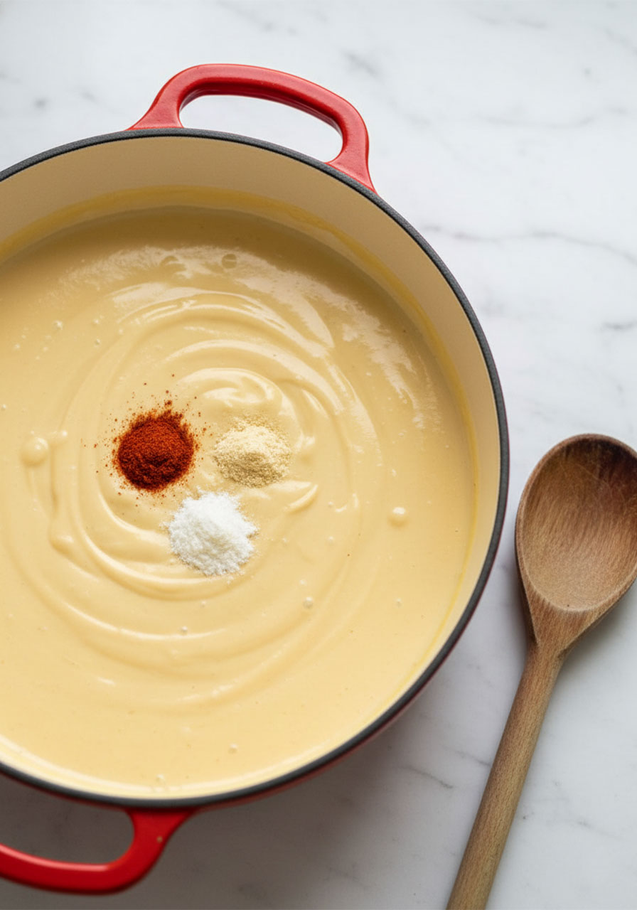 Smoked paprika, garlic powder and onion powder being added to creamy vegan cheese sauce in red casserole dish