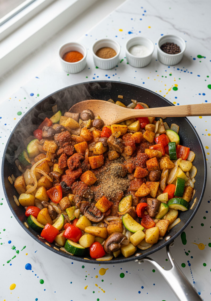 Colorful vegetables and spices added to skillet for easy vegan breakfast hash