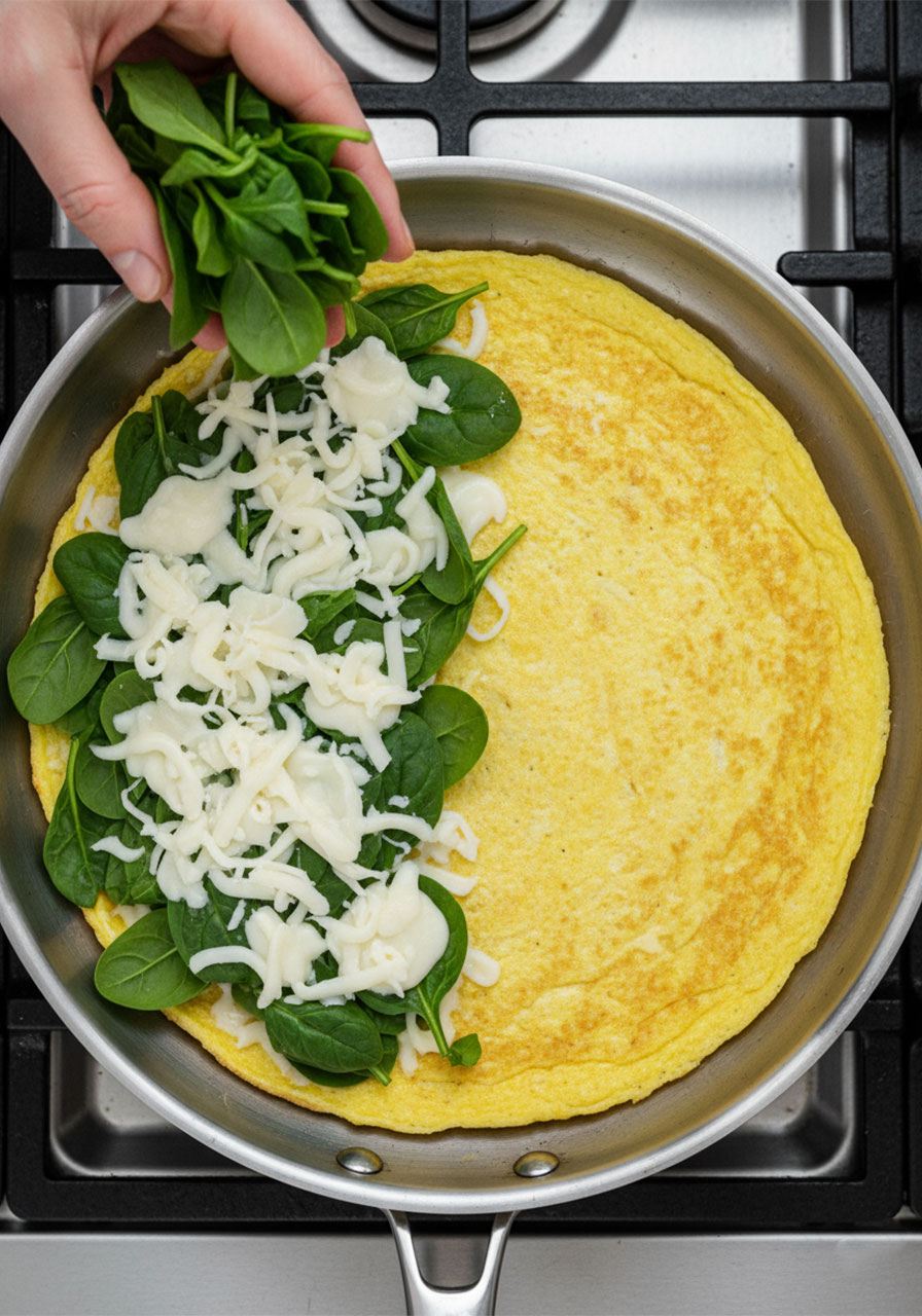 Adding fresh baby spinach and vegan cheese filling to one half of golden tofu omelette in skillet