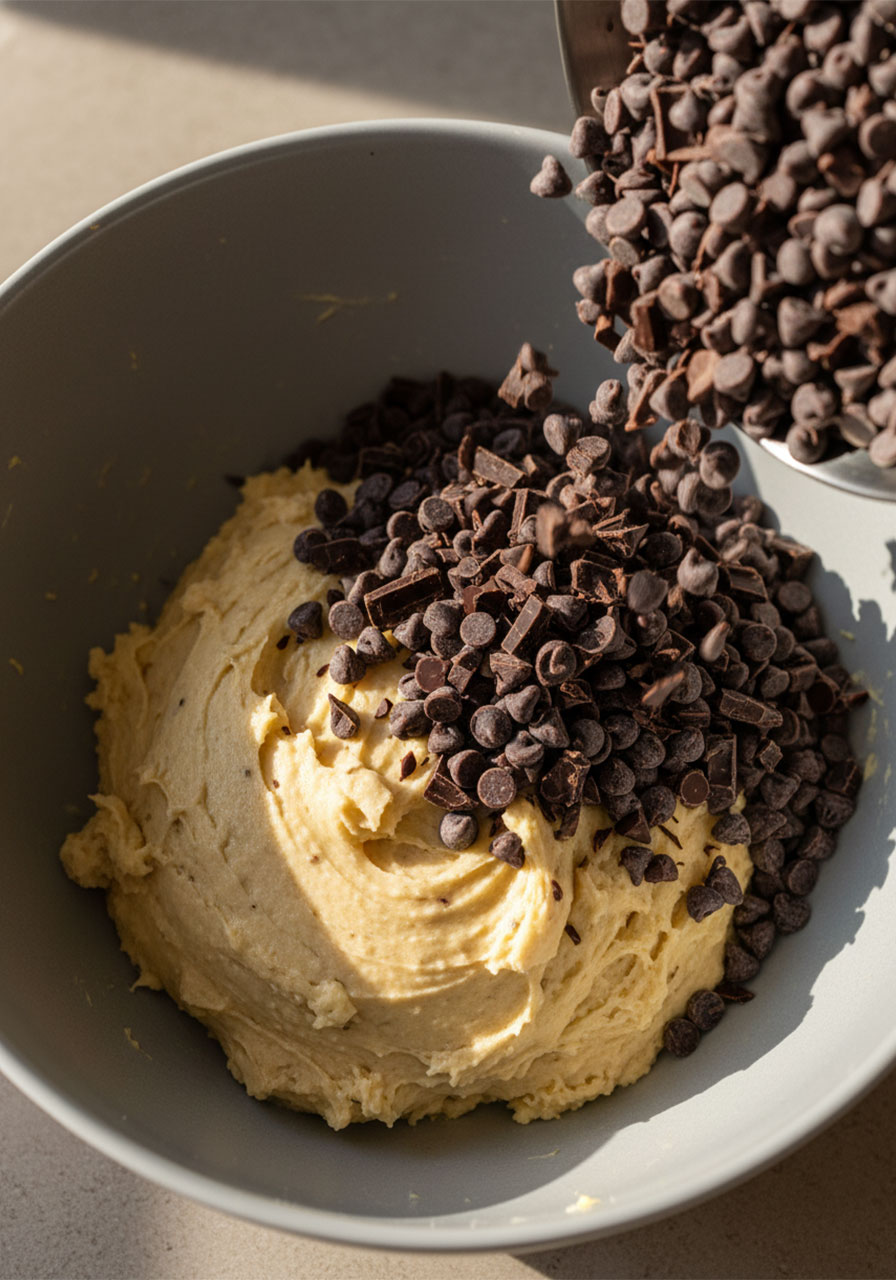 Adding dairy-free dark chocolate chips and chopped chocolate chunks to vegan cookie dough in mixing bowl