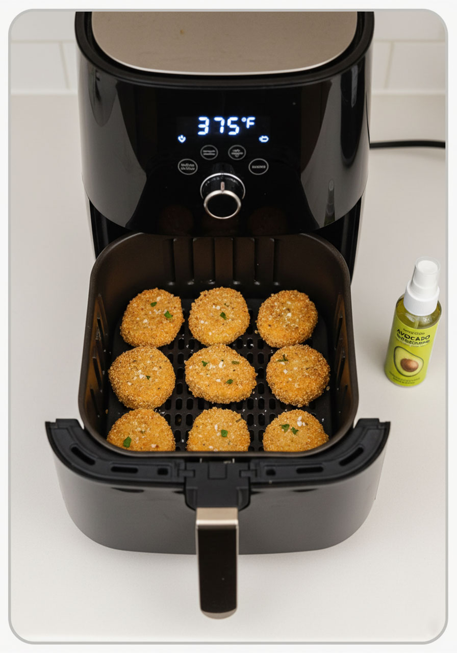 Vegan chickpea nuggets cooking inside an air fryer basket at 375°F until golden and crispy