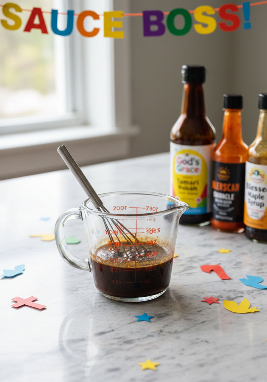 Dark glossy sauce being whisked in a glass measuring cup for cashew tofu lettuce wraps, surrounded by tamari, hoisin, and sriracha bottles