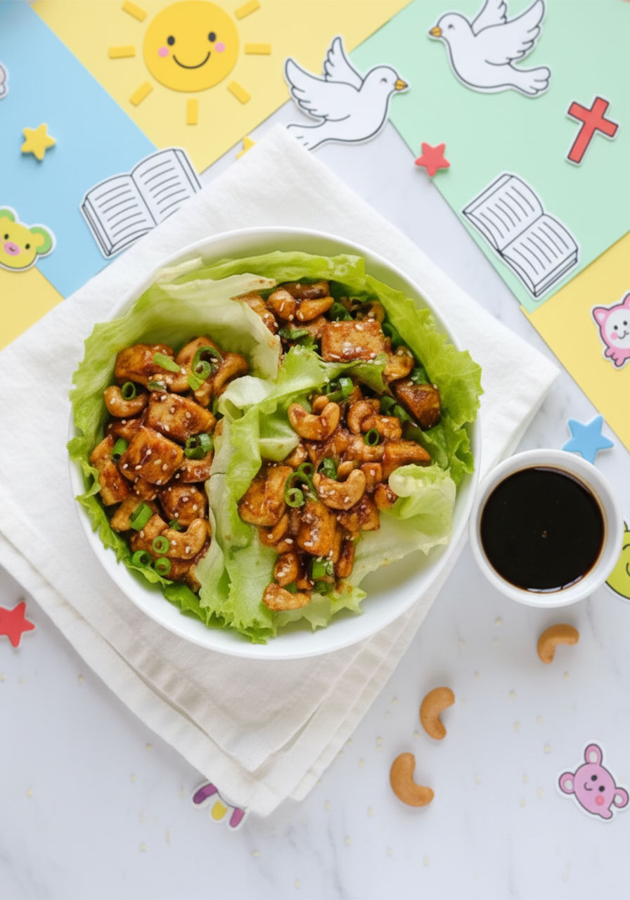 Two assembled cashew tofu lettuce wraps on a white plate, filled with crispy tofu and cashews, garnished with green onions and sesame seeds