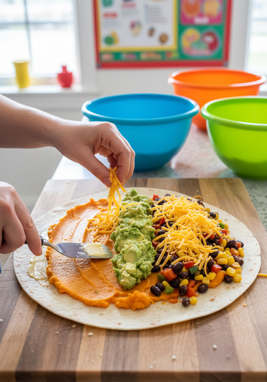 Hands layering sweet potato mash, mashed avocado, black bean filling, and shredded cheese onto a flour tortilla for assembly