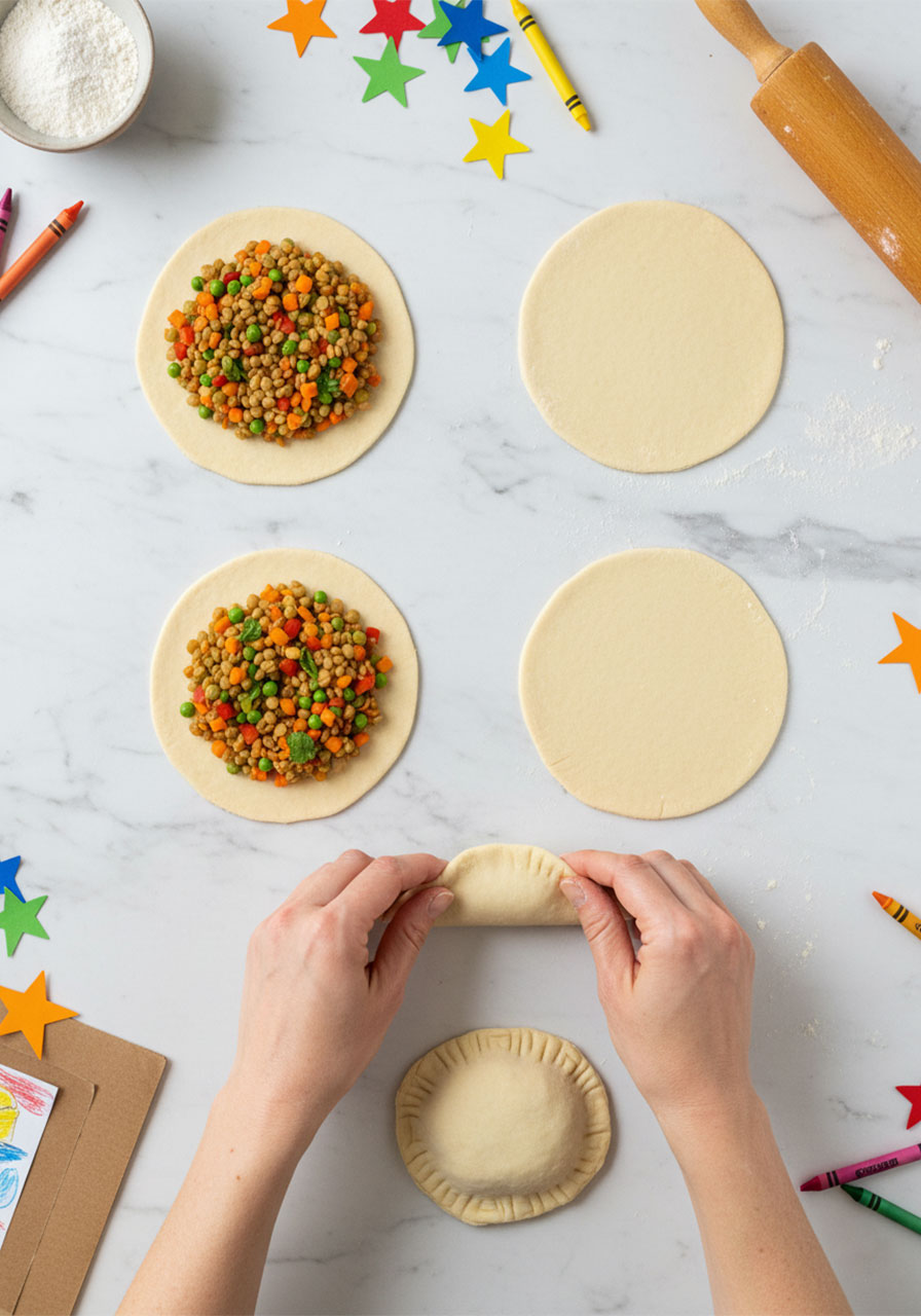 Step-by-step empanada assembly showing rolled dough circles being filled and folded on marble surface