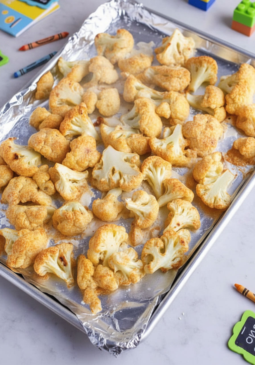 Golden baked cauliflower florets fresh out of the oven with crispy batter coating for sticky sesame cauliflower recipe