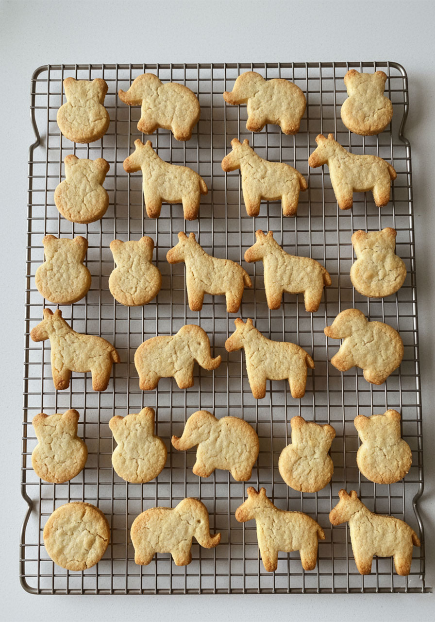 Freshly baked golden-brown gluten-free vegan animal crackers cooling on a wire rack before glazing