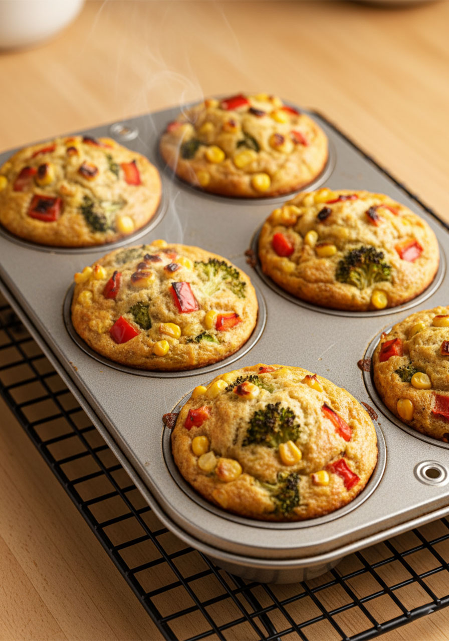 Six freshly baked golden-brown vegan egg muffins in a metal muffin tin just out of the oven, showing caramelized tops with broccoli and red bell pepper