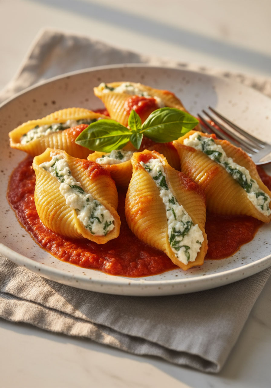 Baked vegan stuffed shells with spinach ricotta and marinara sauce plated for a comforting plant-based dinner