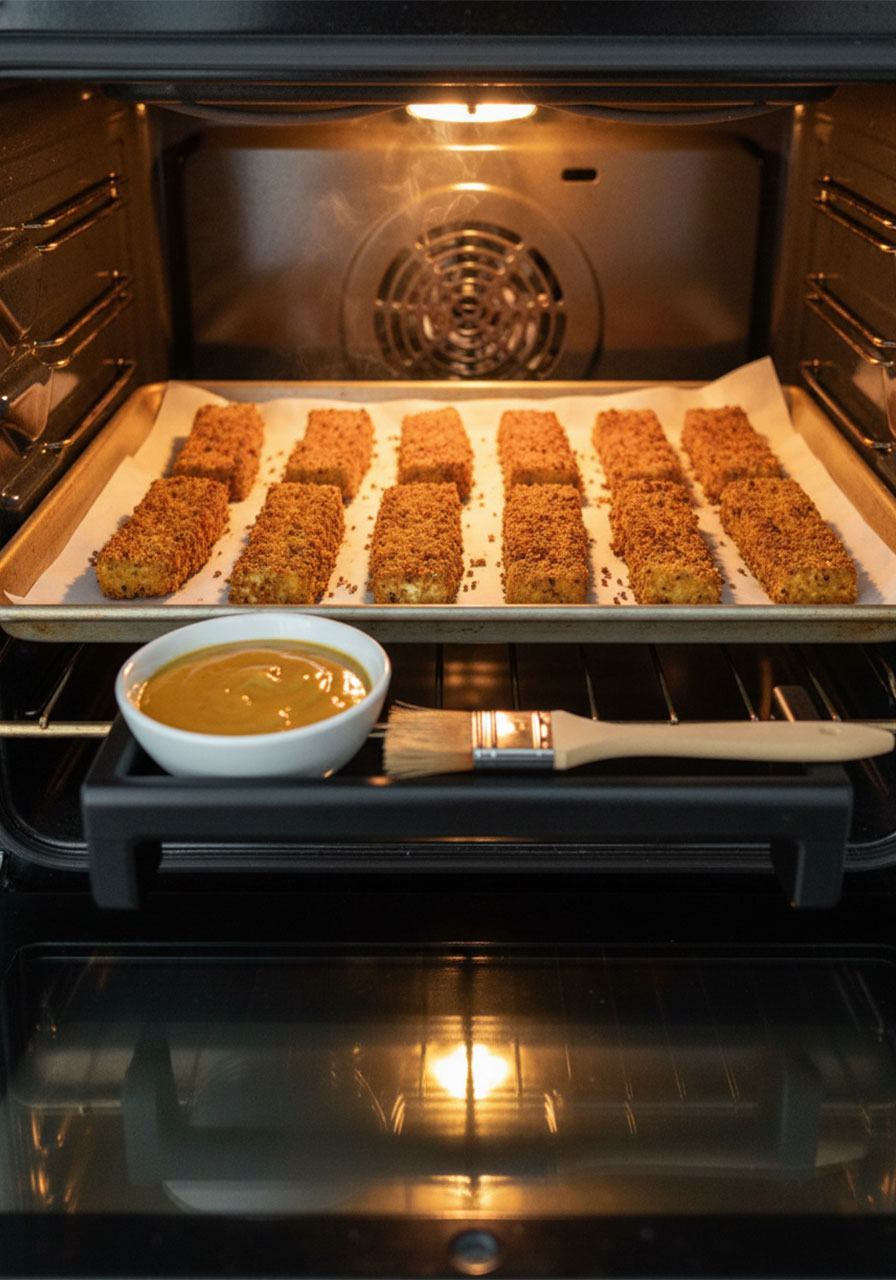 Crispy panko-coated tofu tenders baking on parchment-lined tray inside home oven ready for honey mustard glaze