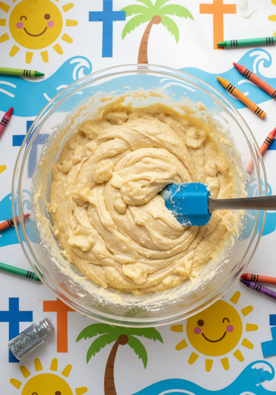 Thick banana bread batter in a glass bowl mixed until just combined with visible banana pieces and butter