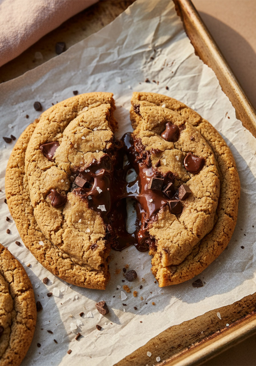 Best vegan chocolate chip cookies broken open showing soft chewy center with melted dairy-free chocolate chips