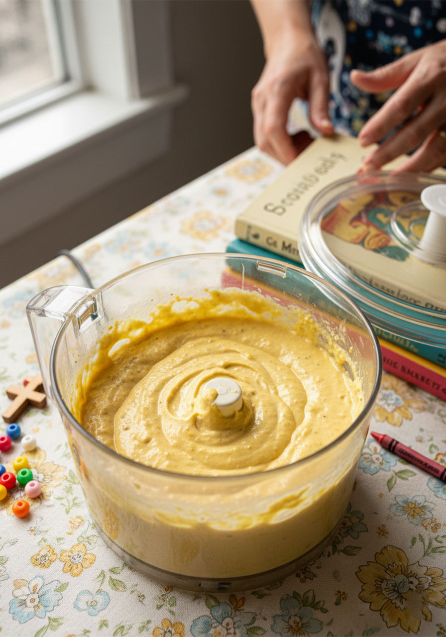 Smooth blended tofu base in a food processor for vegan egg muffins, pale yellow batter with turmeric and spices