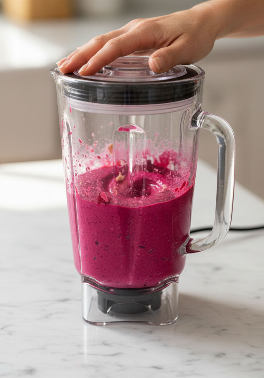 Blending roasted beet and cashews into creamy pink pasta sauce in a high-speed blender