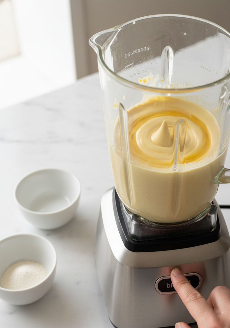 Blending tofu omelette batter in glass blender with turmeric creating smooth golden egg-free mixture