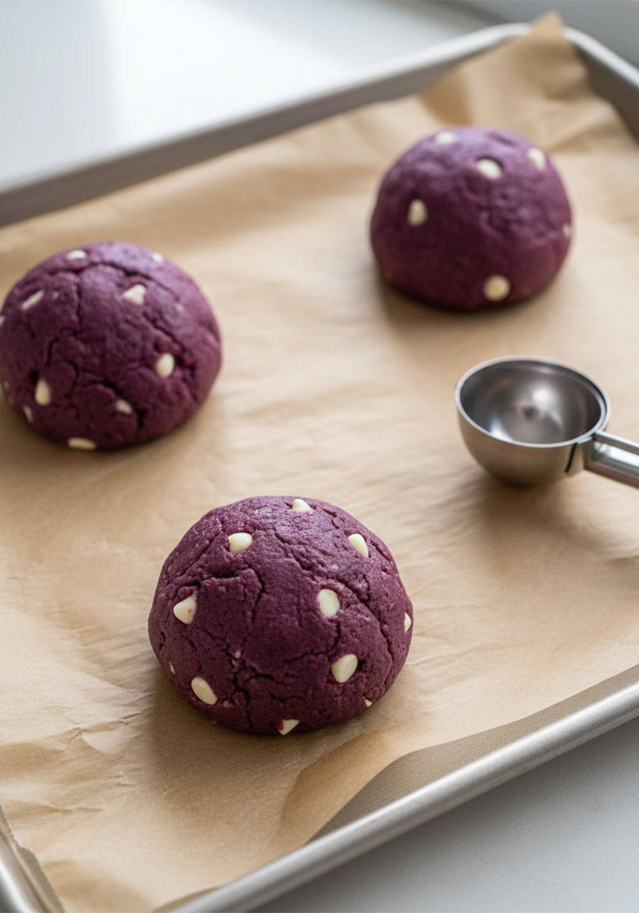 Scooped purple blueberry cookie dough balls on parchment-lined baking sheet ready to bake, one gently pressed flat