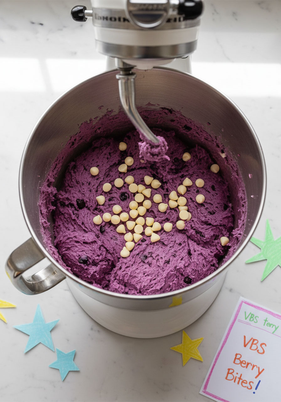 Deep purple blueberry cookie dough in stand mixer bowl with white chocolate chips about to be folded in