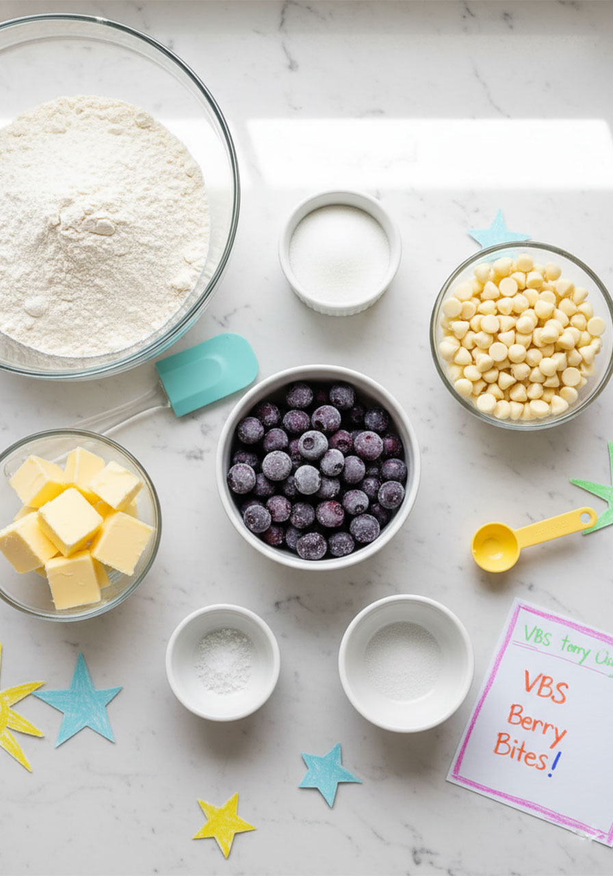 Six blueberry cookie ingredients laid out overhead including frozen blueberries, butter cubes, flour, sugar, white chocolate chips, and baking powder