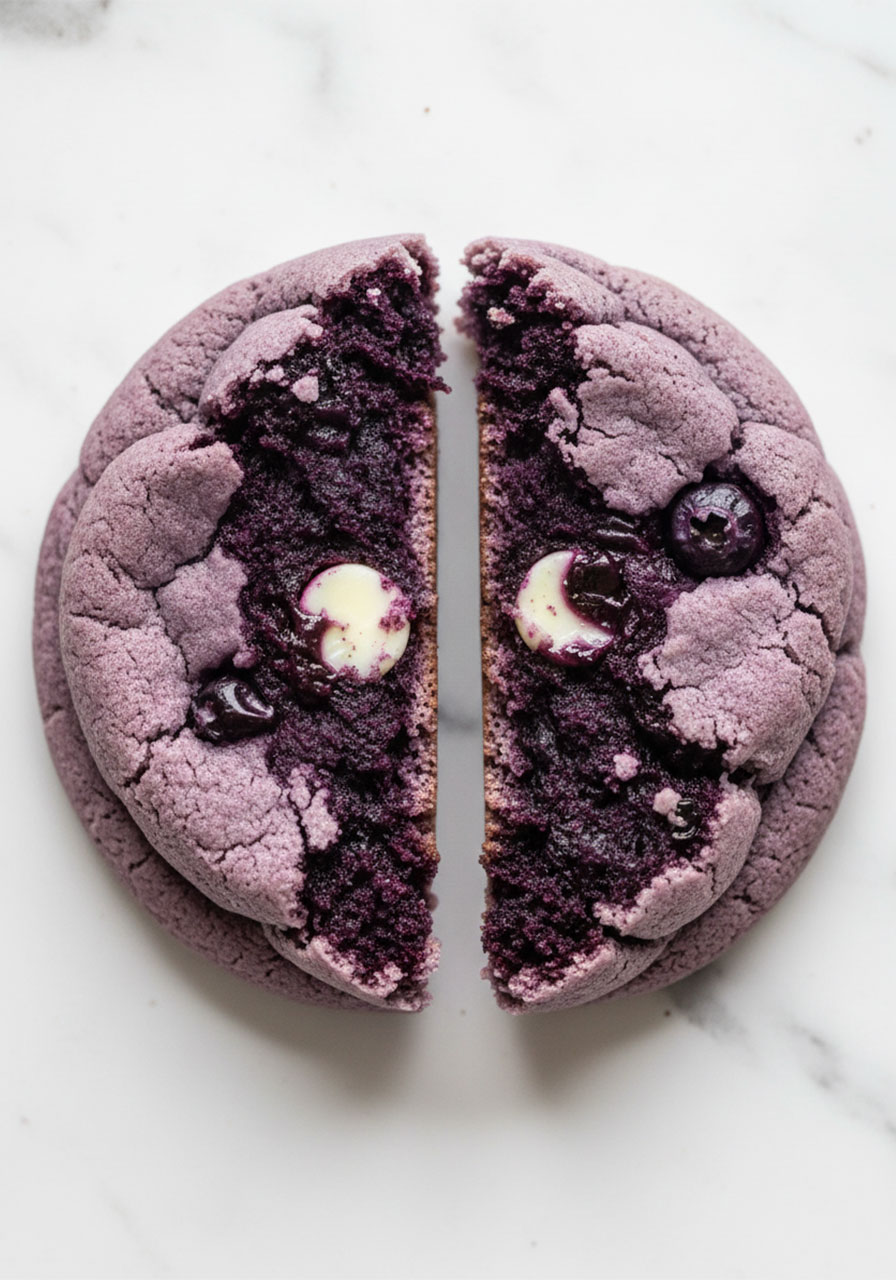 Close-up of blueberry cookie broken in half showing soft gooey purple interior with visible white chocolate chip and blueberry pieces