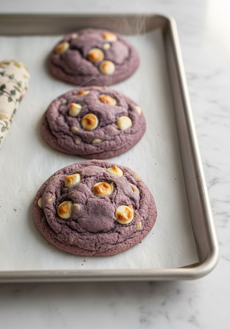 Freshly baked blueberry cookies on parchment-lined pan straight from the oven, thick and soft with melted white chocolate chips