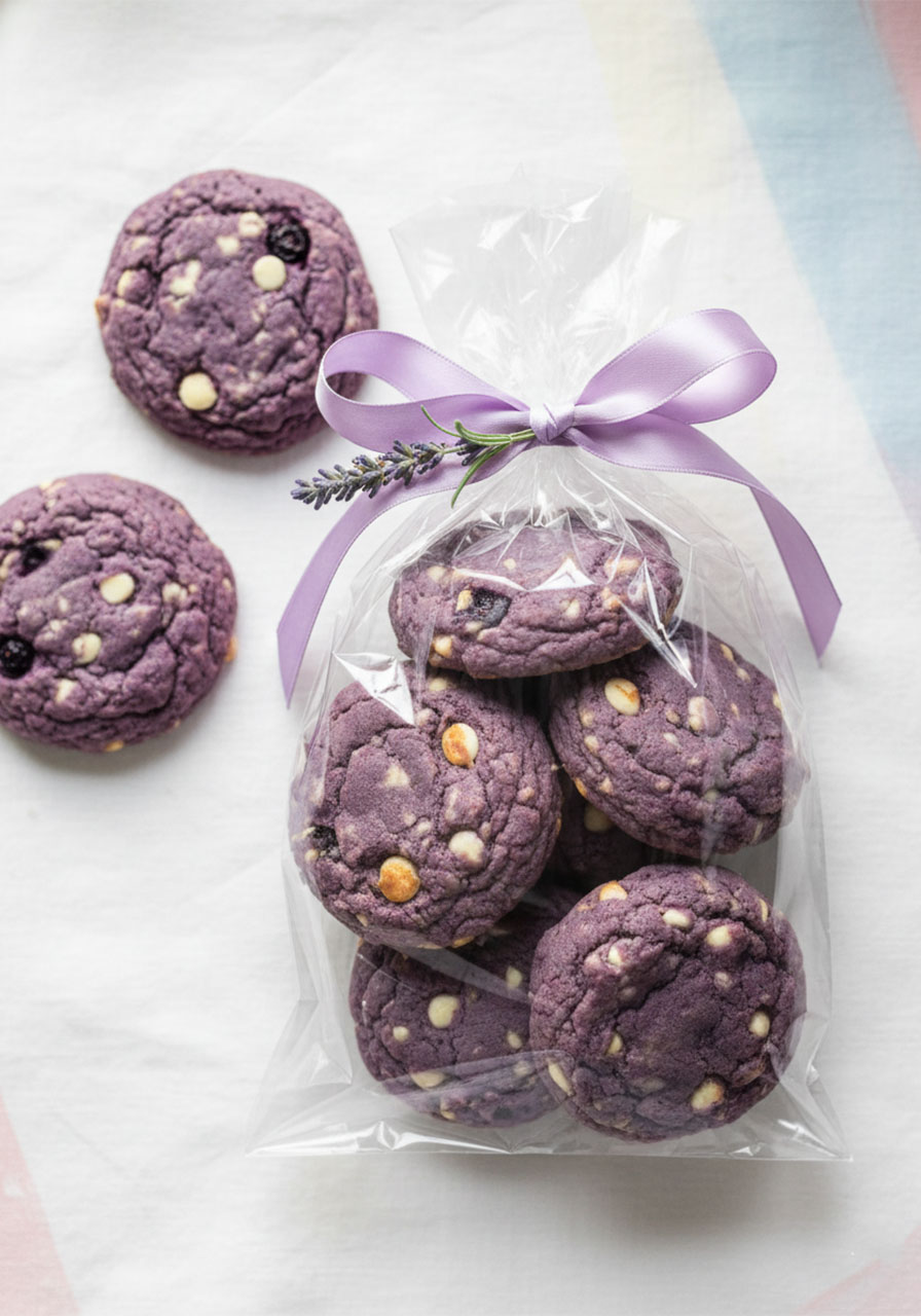 Blueberry cookies in clear gift bag tied with lavender ribbon, perfect for Easter, Mother's Day, or holiday gifting
