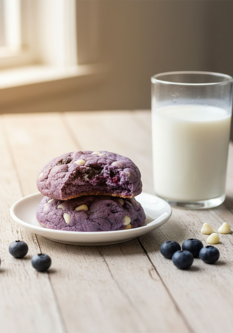 Two soft blueberry cookies on white plate with glass of milk, one cookie with bite taken out showing purple gooey center