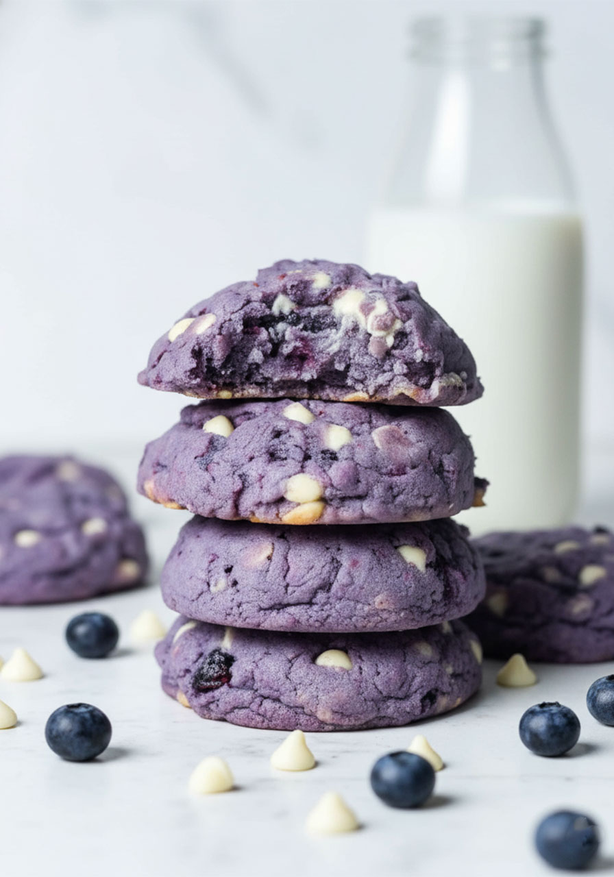 Stack of four soft purple blueberry cookies with white chocolate chips, top cookie showing gooey interior after a bite