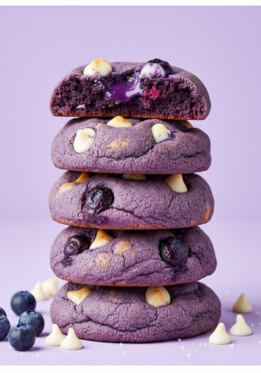 Tall vertical stack of soft purple blueberry cookies with white chocolate chips on lavender background, perfect Pinterest recipe image