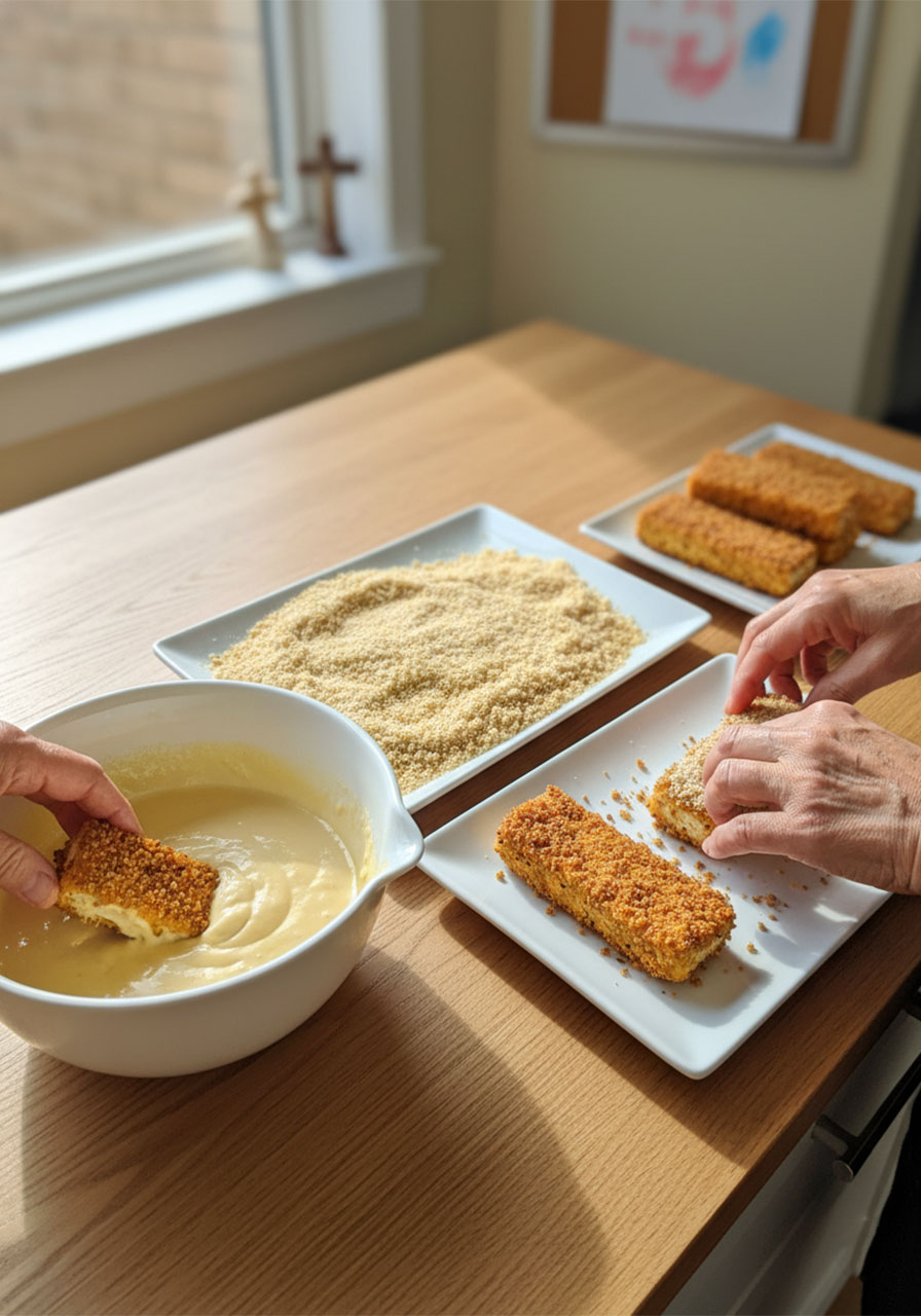 Three-step breading station for honey mustard tofu tenders showing batter bowl, panko plate, and coated tofu strips