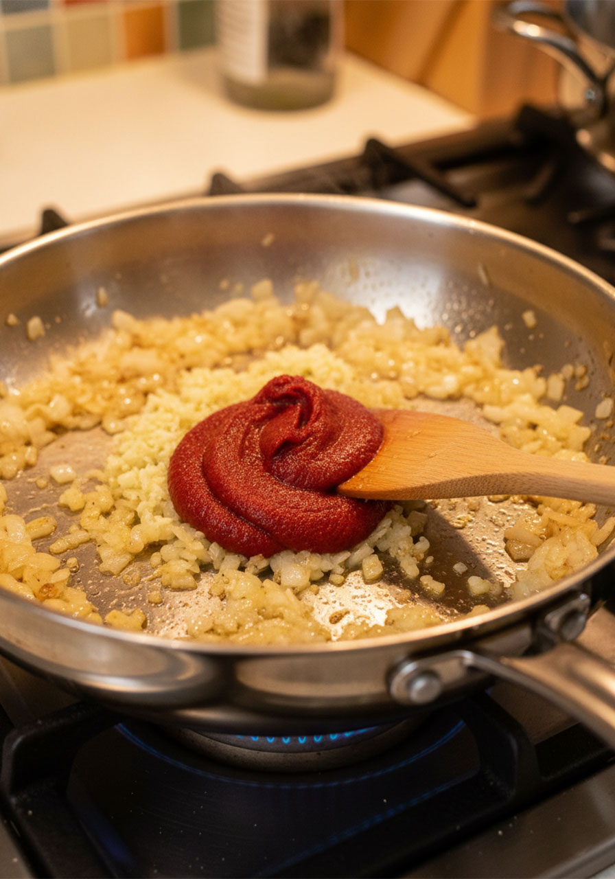 Diced onion, garlic, ginger and tomato paste cooking together in a skillet as the base for vegan butter cauliflower sauce