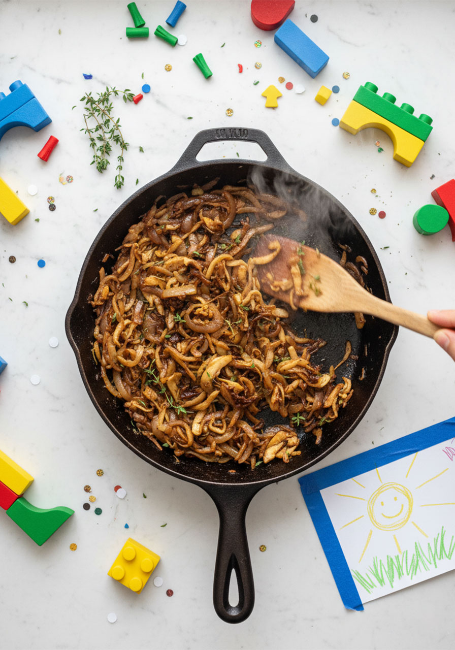 Caramelized onions and spiced oyster mushrooms cooking in a skillet — the heart of this vegan gyros recipe