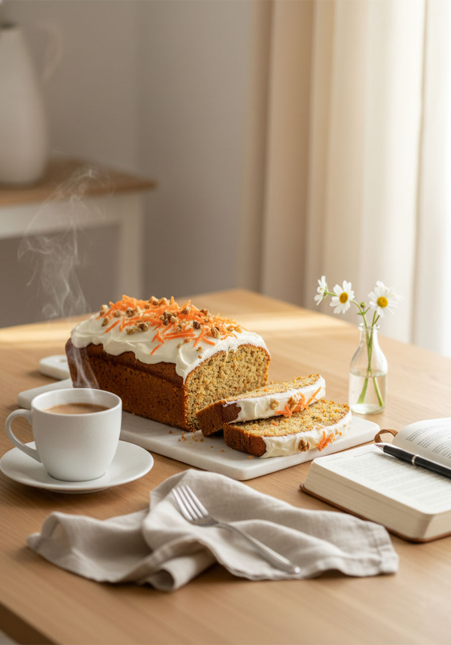 Healthy frosted carrot cake banana bread loaf styled on a morning breakfast table with coffee and a devotional journal, warm natural light