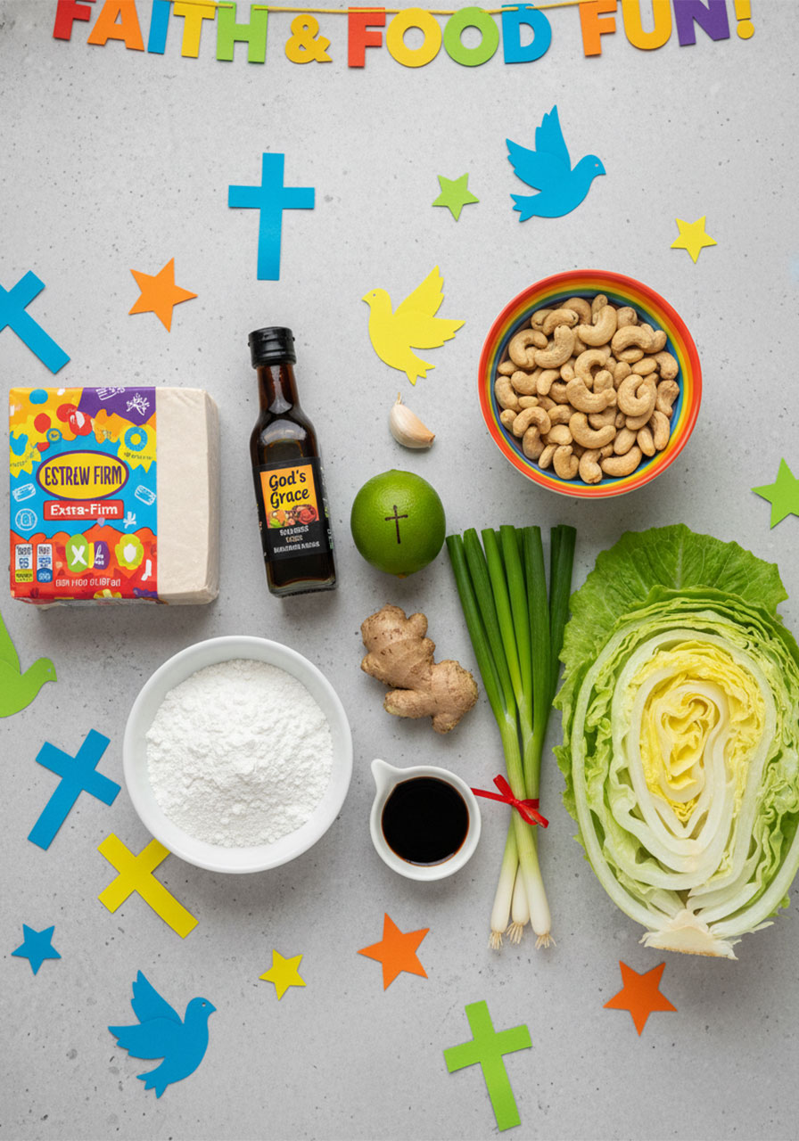 Flat lay of all ingredients needed for cashew tofu lettuce wraps including tofu, cashews, hoisin sauce, tamari, ginger, garlic, and iceberg lettuce