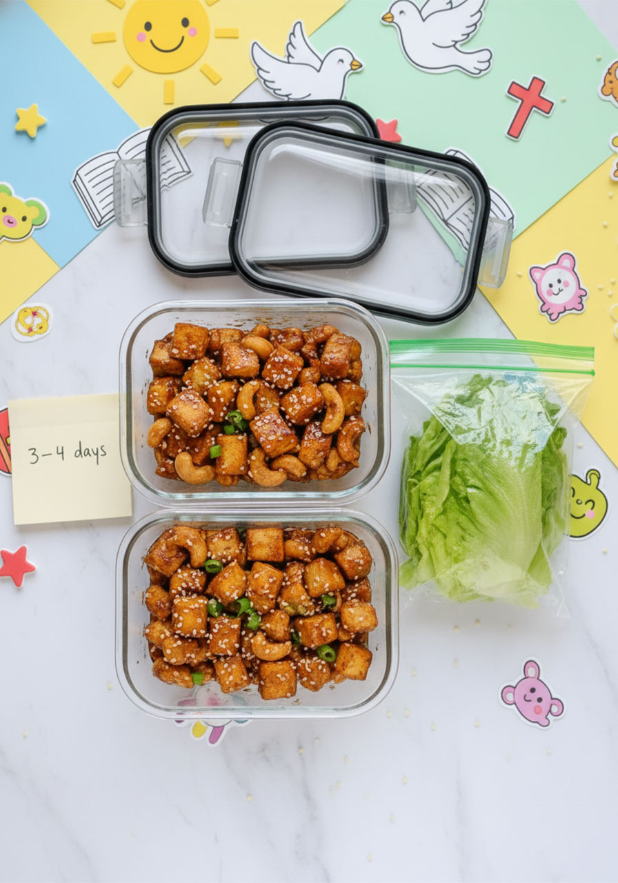 Glass meal prep containers filled with cashew tofu filling stored separately from lettuce leaves for easy weekly meal prep