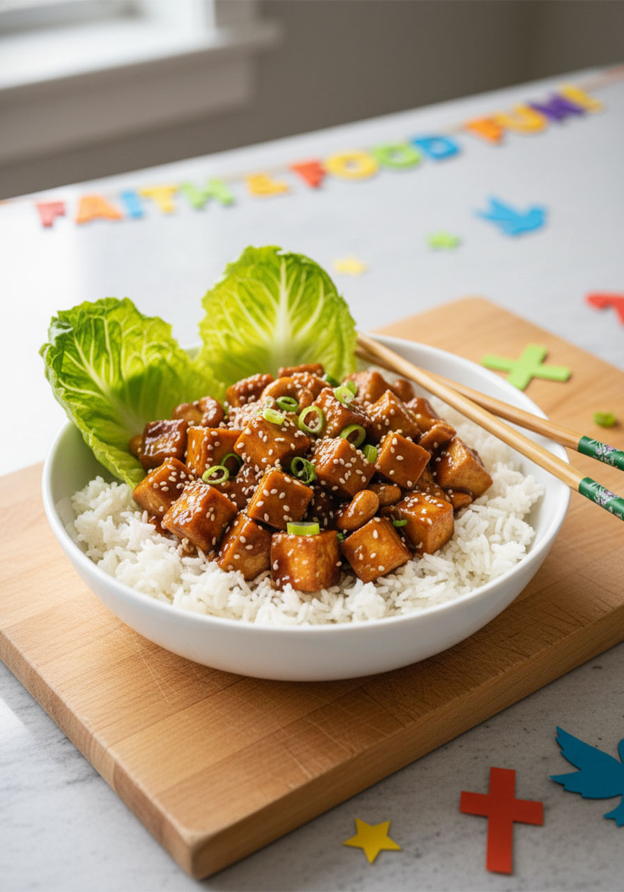 Cashew tofu stir-fry served over white jasmine rice in a white bowl as a hearty bowl meal variation of tofu lettuce wraps