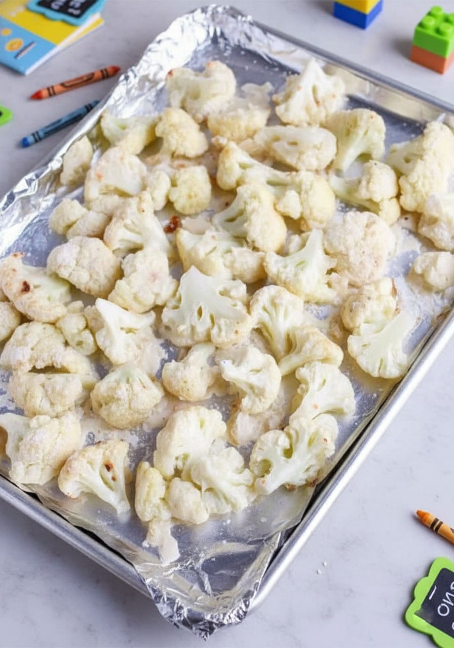 Battered cauliflower florets spread in a single layer on a foil-lined baking sheet ready to bake for sticky sesame cauliflower