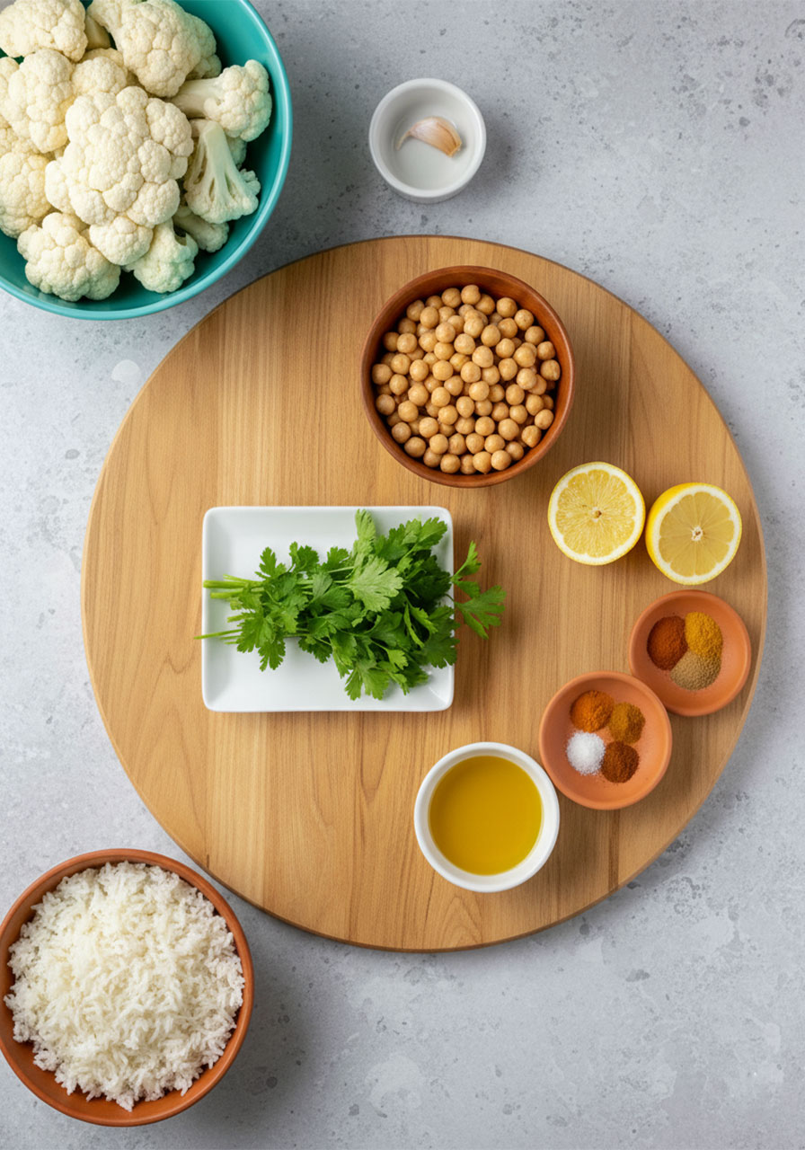 Labeled flat lay of all ingredients for cauliflower shawarma bowls including cauliflower, chickpeas, tahini, spices, and basmati rice