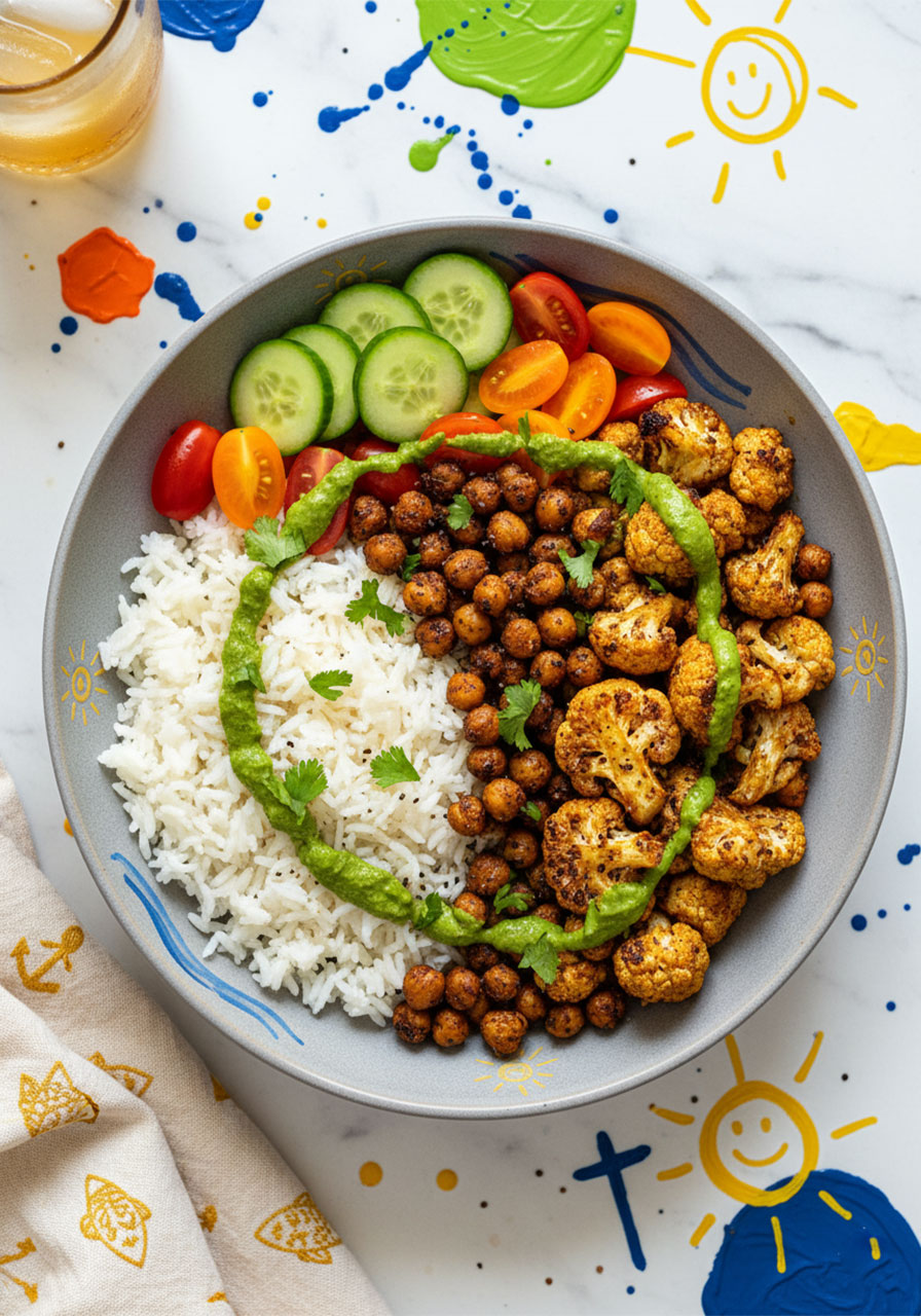 Overhead view of cauliflower shawarma bowl with crispy chickpeas and green tahini sauce over basmati rice