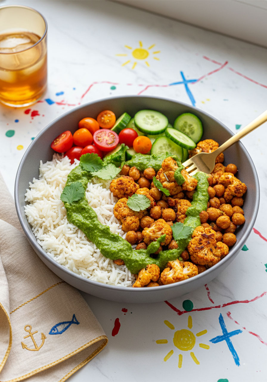 Fork digging into a vegan cauliflower shawarma bowl with green tahini sauce and crispy chickpeas