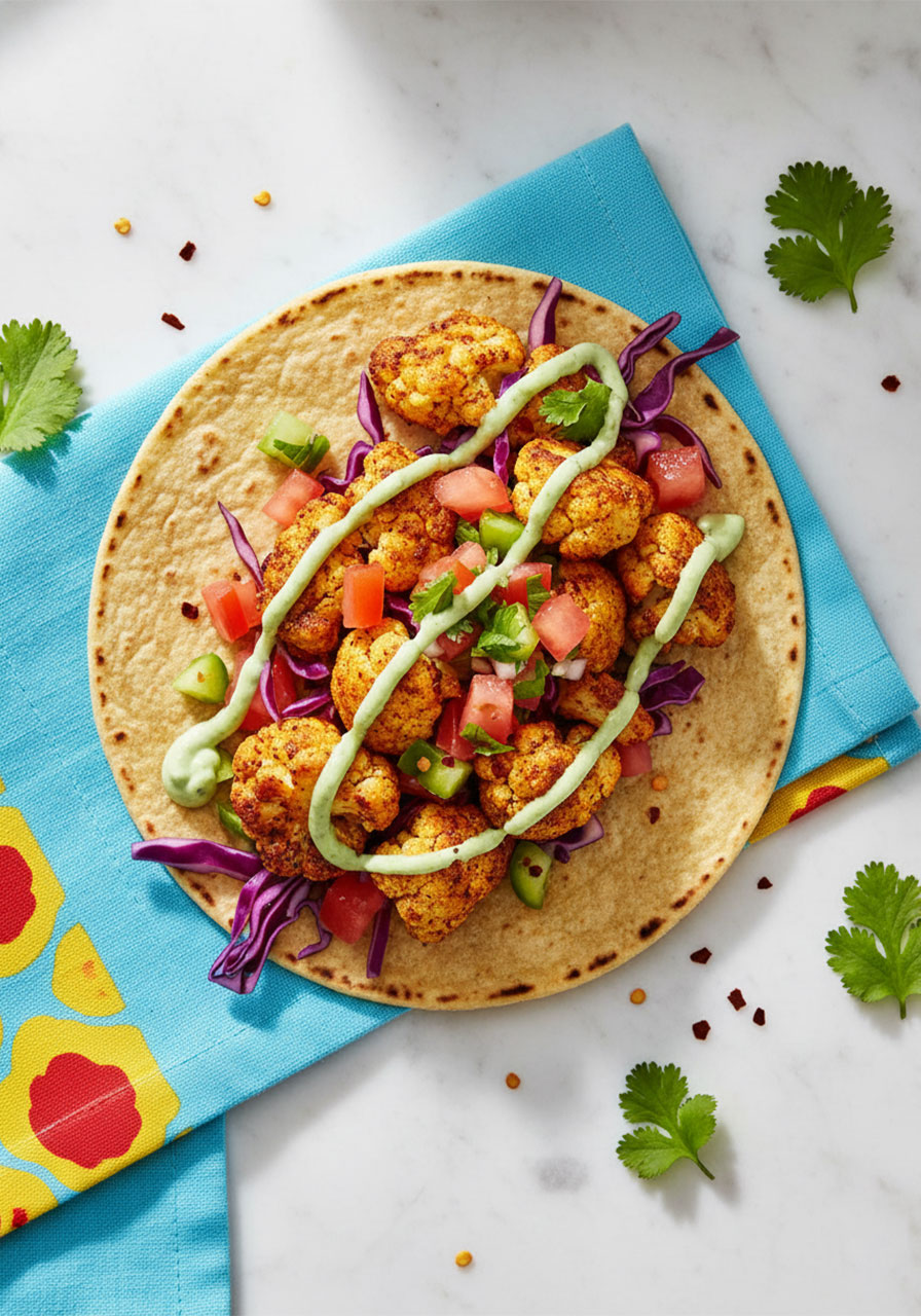 Overhead view of vegan cauliflower tacos with cilantro lime crema drizzled on top, served on corn tortilla with purple cabbage slaw and pico de gallo