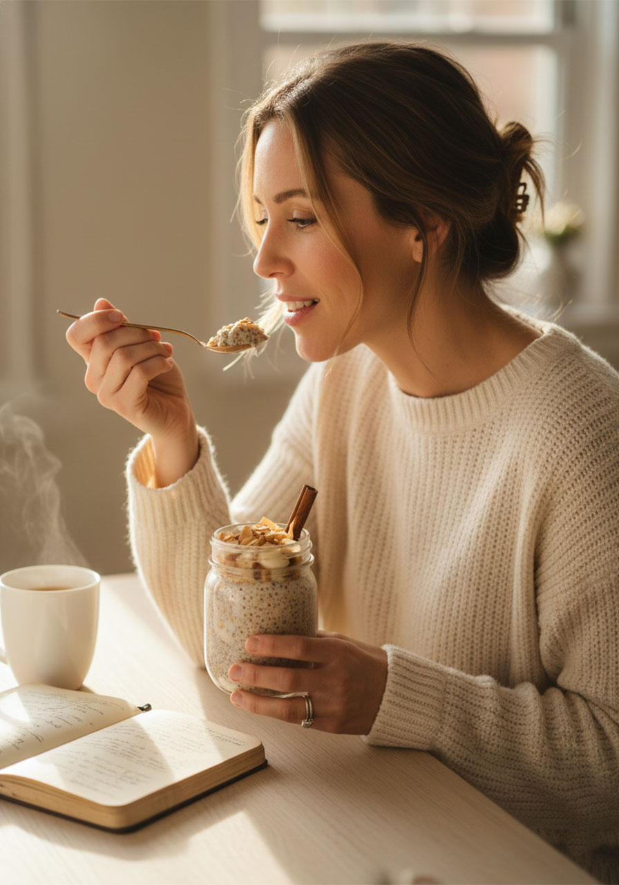 Woman in cozy sweater enjoying chai latte chia pudding at a kitchen table beside an open Bible and morning coffee