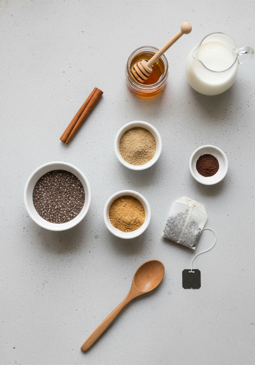 Overhead flat lay of chai latte chia pudding ingredients including chia seeds, cinnamon, cardamom, ginger, maple syrup, and almond milk
