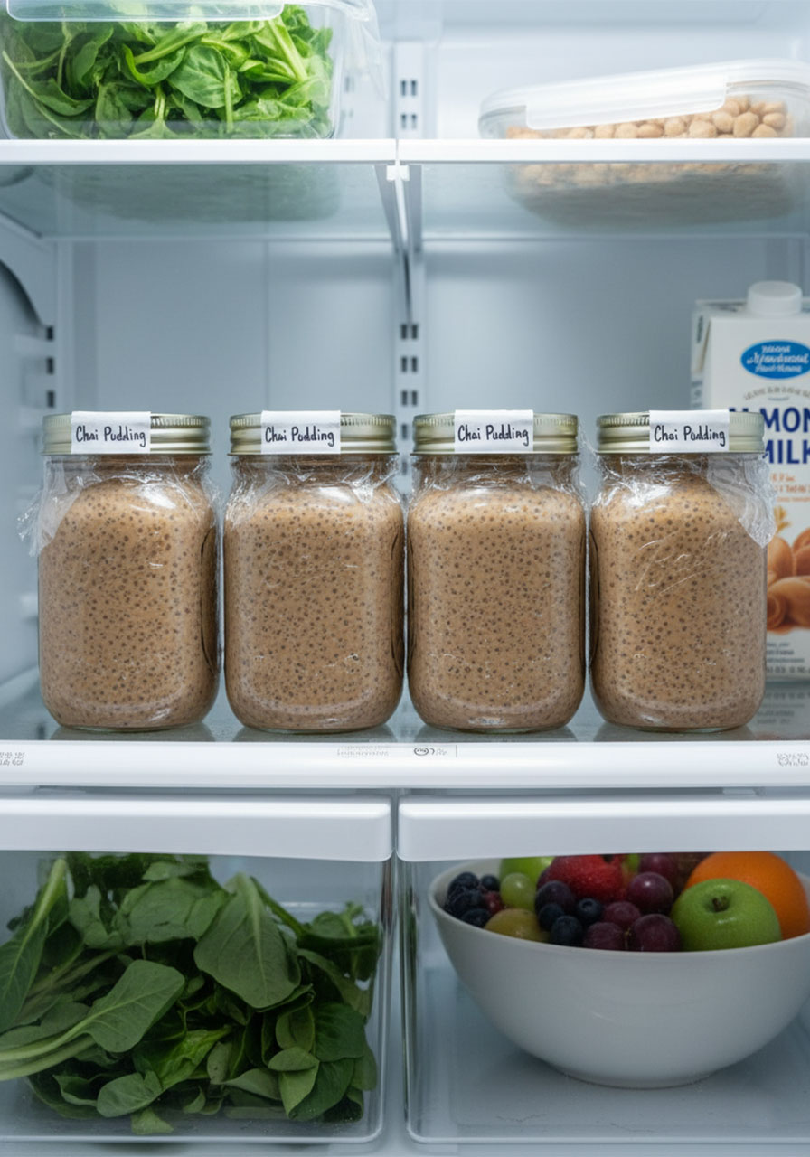 Four glass mason jars of chai chia pudding meal prepped and stored in refrigerator for the week